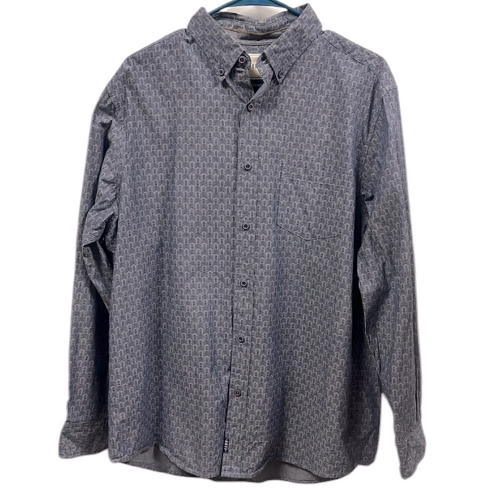 Rowm Long Sleeve Button Down Geometric Print Pocket Shirt Blue Mens Large